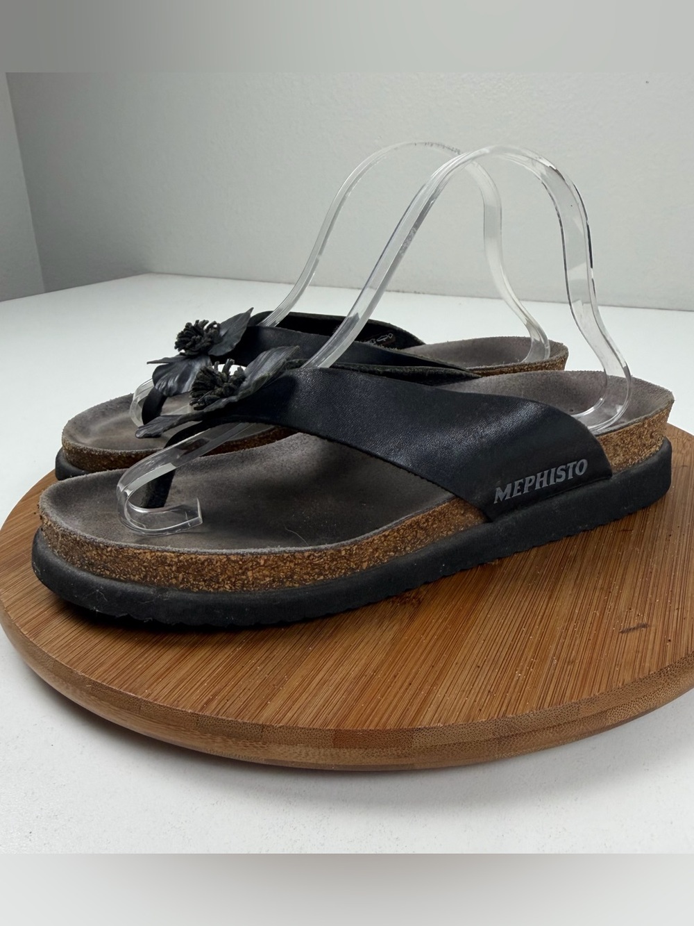 Mephisto Helen Women's Black Floral Cork Footbed Thong Sandals - Picture 3 of 9